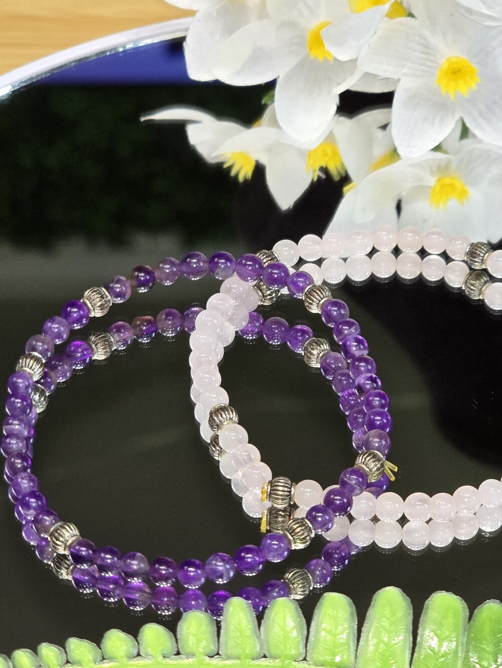 Amethyst & Rose Quartz Beaded Wrap Bracelets - Purple & Pink Set